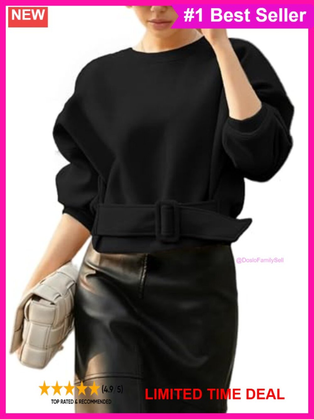 Womens Cropped Crewneck Sweatshirt Belted Long Sleeve Loose Fit Casual Pullover